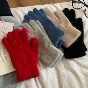 韩版 加厚保暖百搭防寒学生骑行潮 灰色针织毛绒手套女2026年秋冬季
