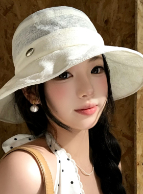 日系简约白色渔夫帽女士春夏薄款大帽檐大头围显脸小遮阳防晒帽子