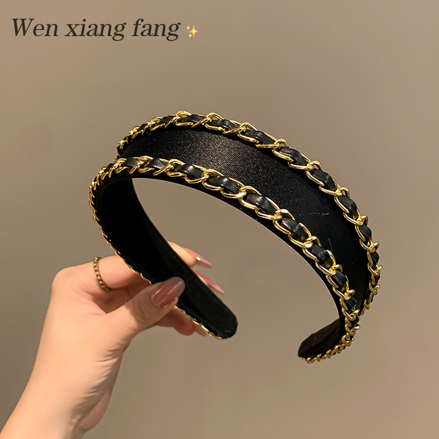 韩系金色宽边链条发箍女高颅顶