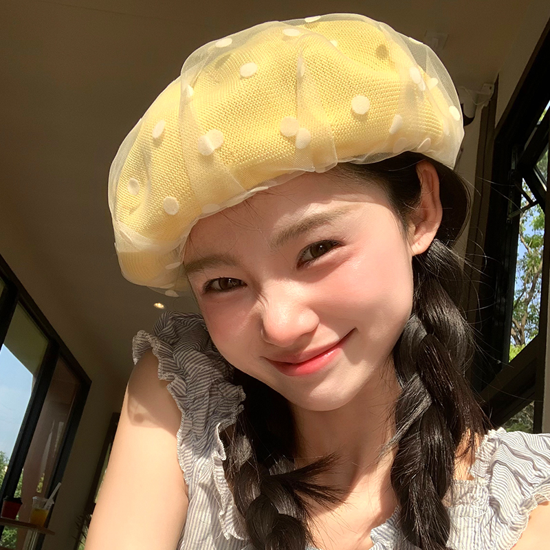 韩系网纱波点黄色贝雷帽女款夏季2025新款镂空薄款显脸小画家帽子