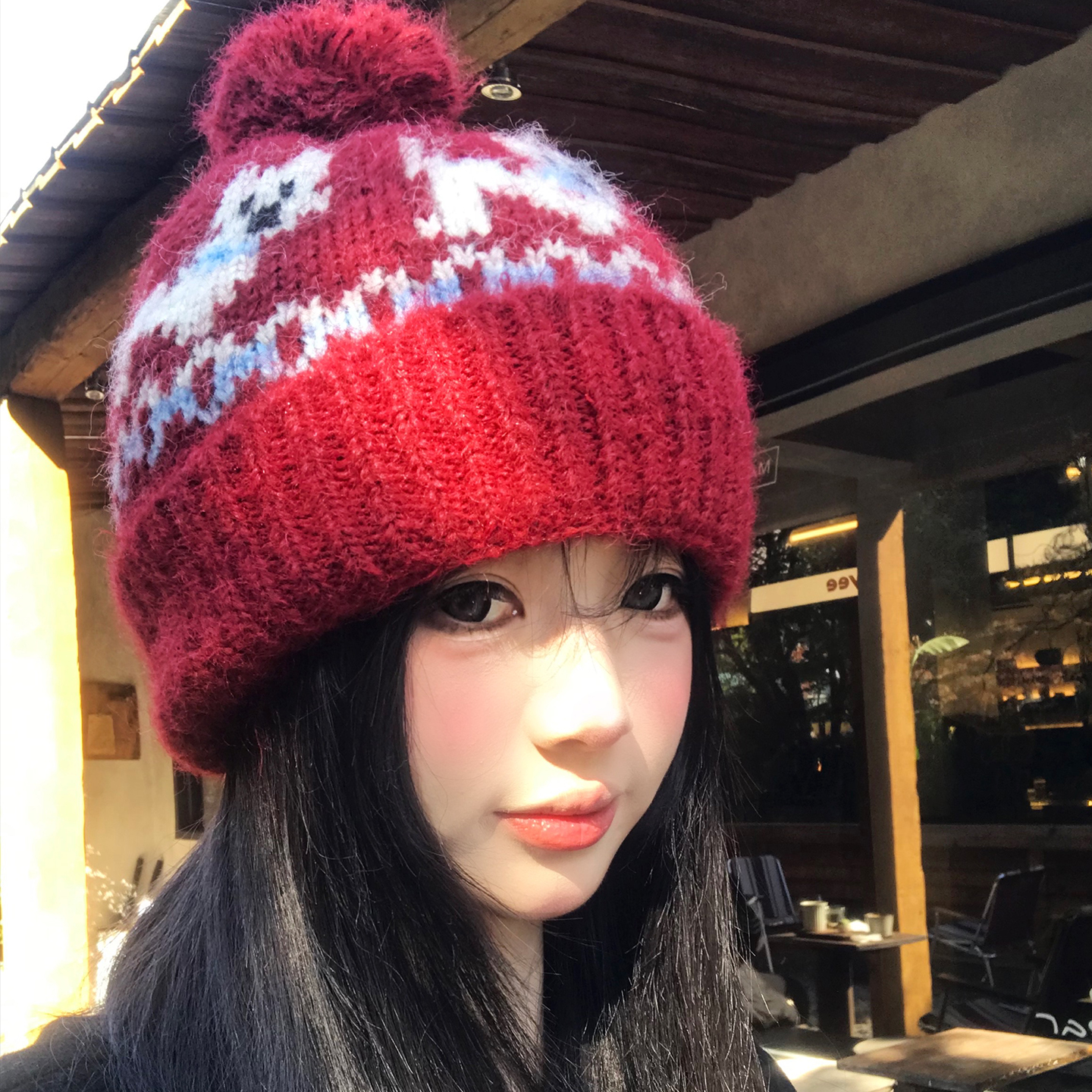 新年圣诞红色小狗针织帽子女冬