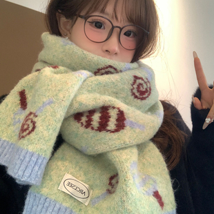 可爱绿色糖果提花针织围巾女2025新款 韩系氛围感加厚保暖围脖 冬季