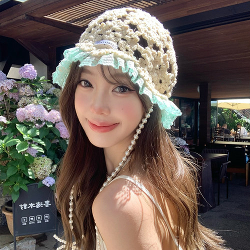 珍珠吊坠蕾丝边镂空包头帽子女夏