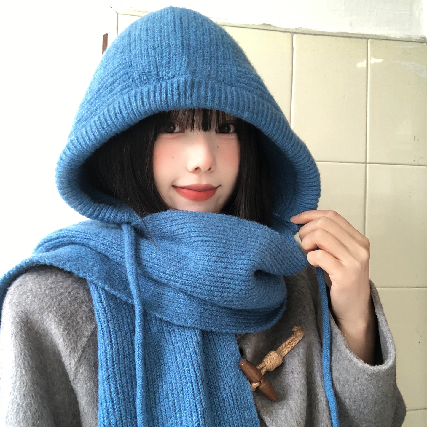 蓝色帽子围巾一体巴拉克拉法帽女