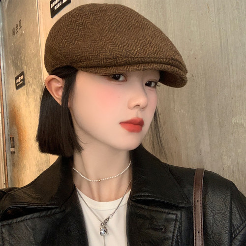 复古美拉德咖色前进帽女秋冬季