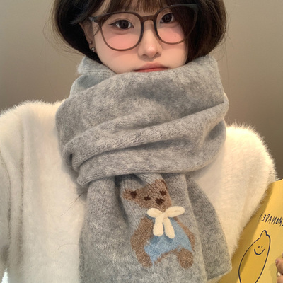 可爱小熊蝴蝶结灰色针织围巾女秋