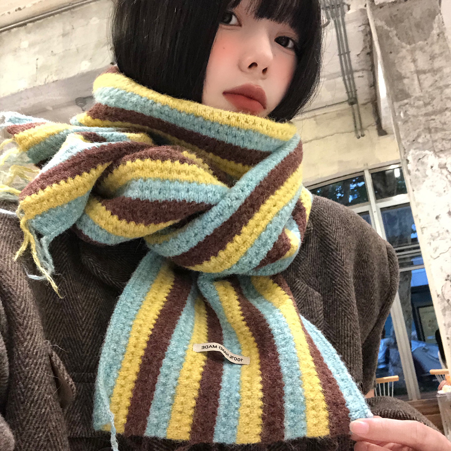 韩系氛围感拼色条纹针织围巾女秋