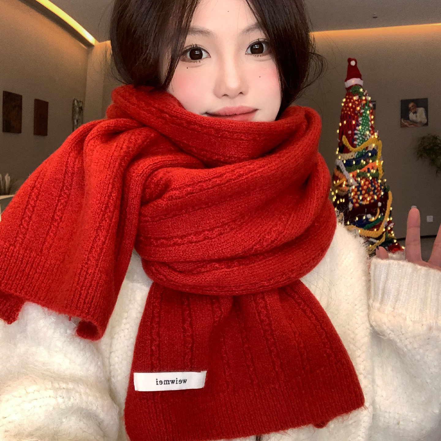 新年圣诞红色针织毛线围巾女冬季2026新款保暖加厚防寒氛围感围脖