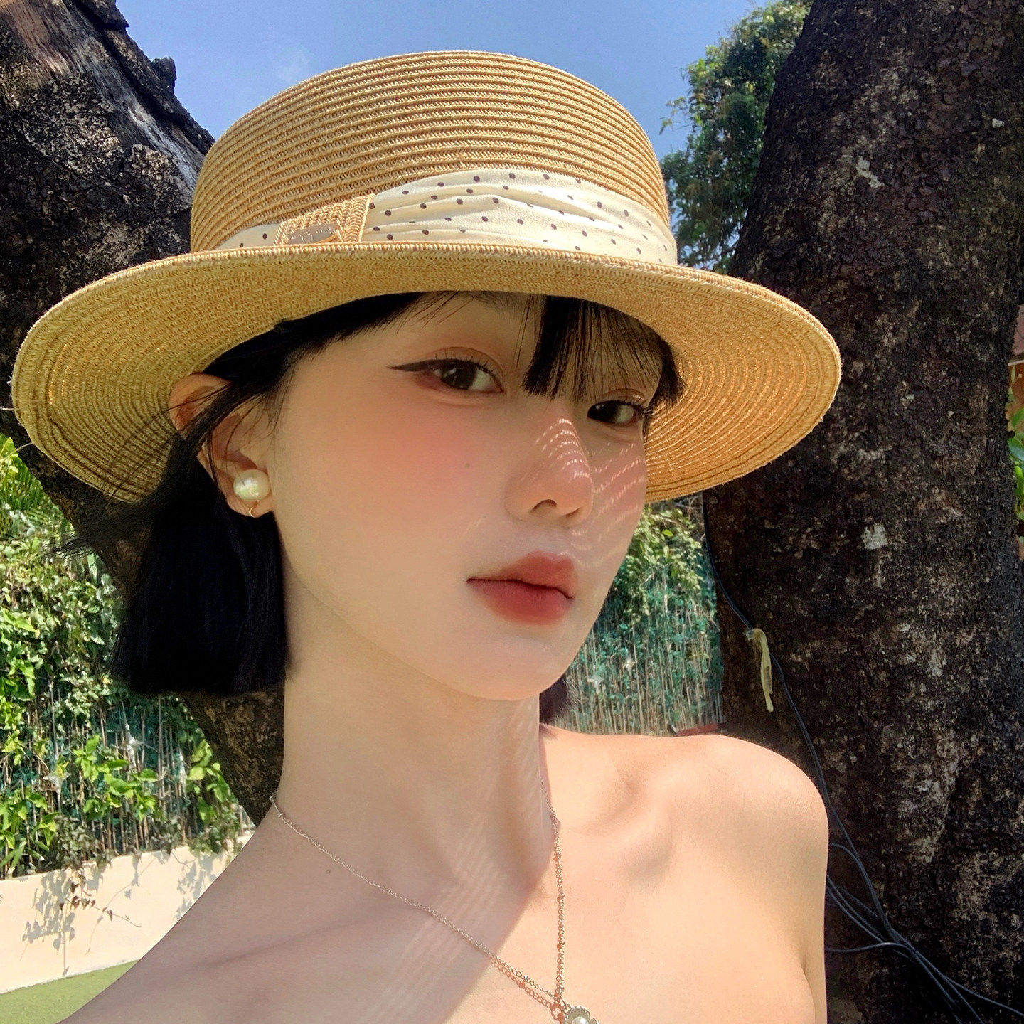法式波点织带平顶草帽女夏度假风图片