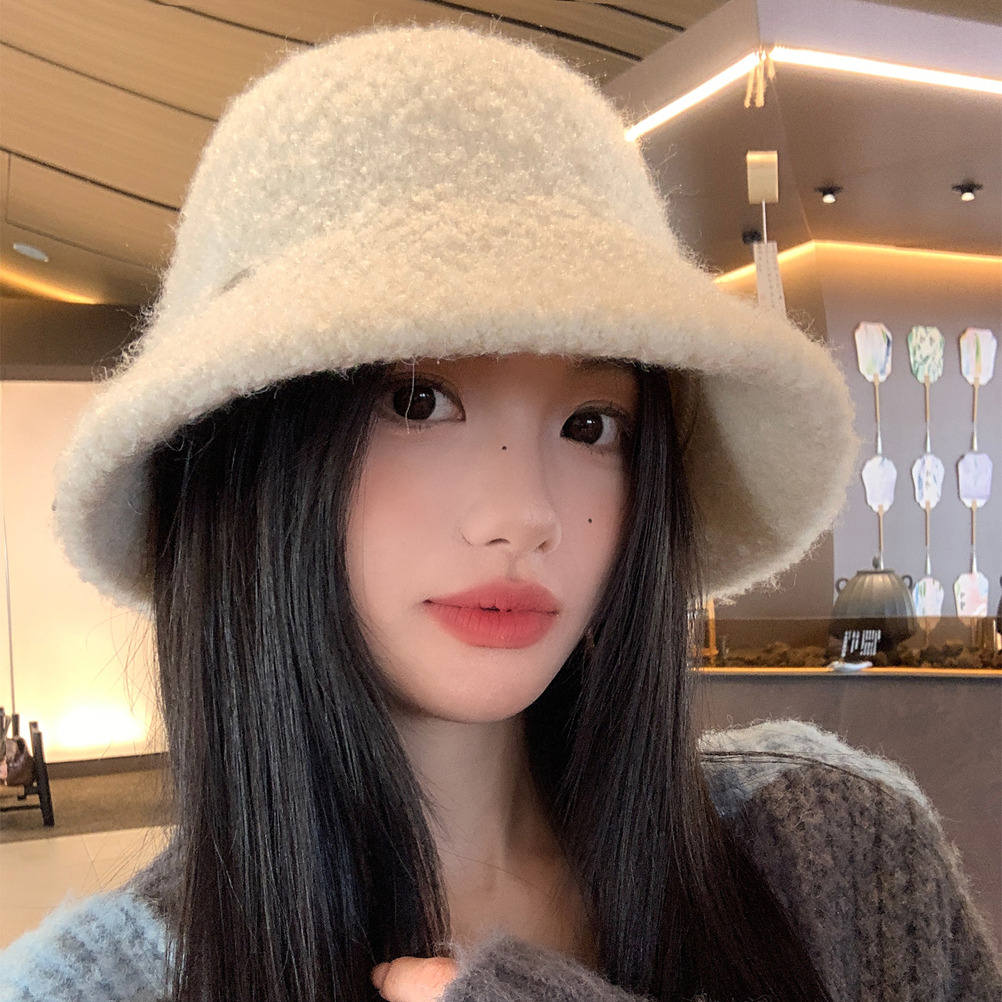 高级感白色针织毛绒渔夫帽女秋冬