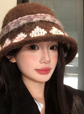 美拉德系针织渔夫帽子女2025新款秋冬户外保暖防寒复古显脸小盆帽