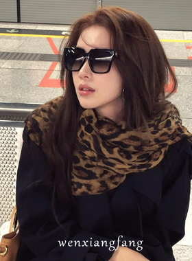 复古棕色豹纹丝巾女秋冬装饰搭配韩系长条围巾披肩系脖高级感围脖