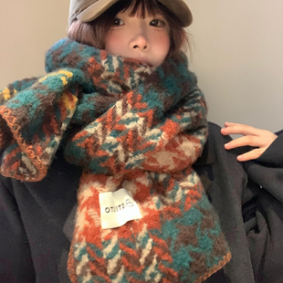 高级感丁香格子针织围巾女2025年新款冬季厚实韩系氛围感保暖围脖