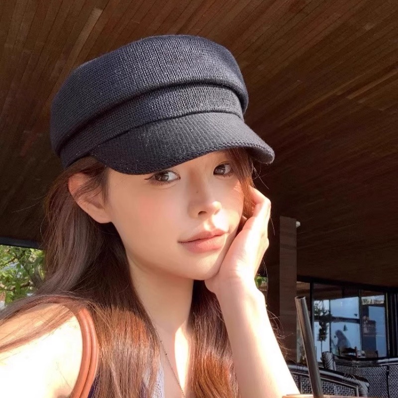 时尚高端亚麻黑色贝雷帽女夏季