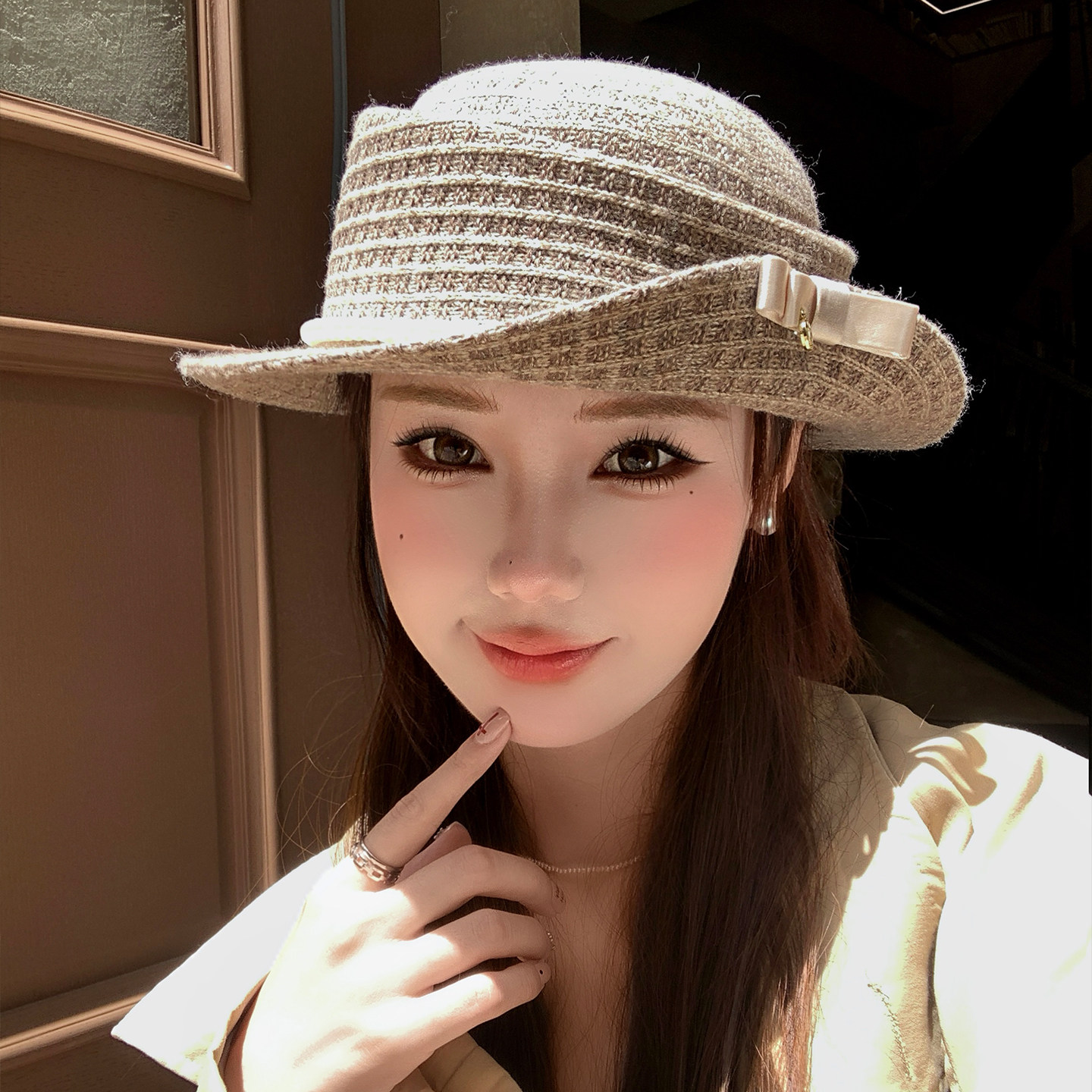 法式珍珠蝴蝶结针织礼帽女优雅复古赫本风卷边渔夫帽子显脸小盆帽