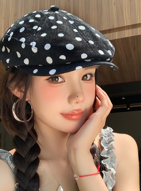 夏季薄款透气黑色波点棉麻前进帽女款显脸小反戴贝雷帽艺术画家帽
