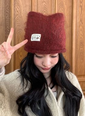 红色可爱卡通猫耳布标针织帽女秋