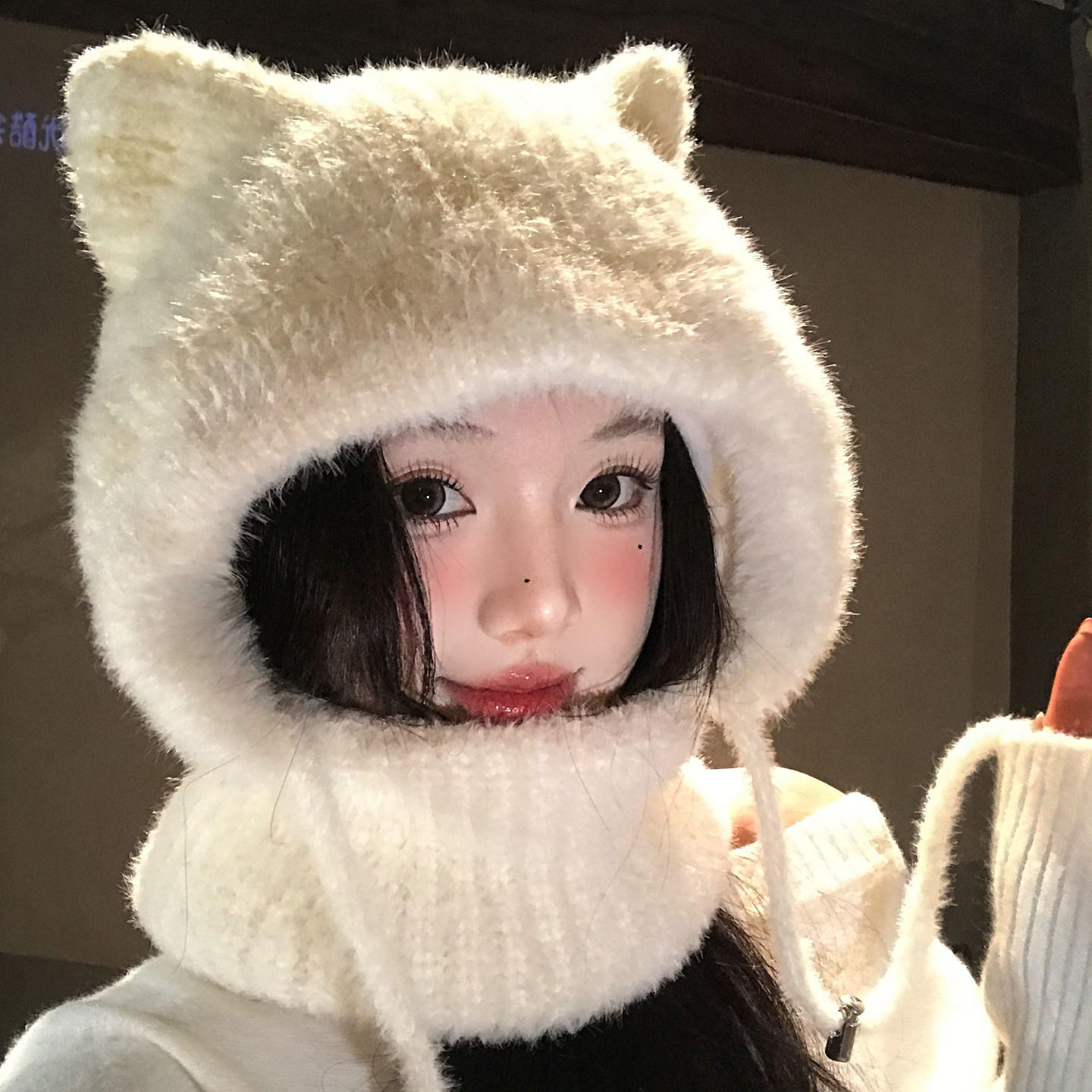 可爱猫耳朵毛绒帽子围巾口罩一体