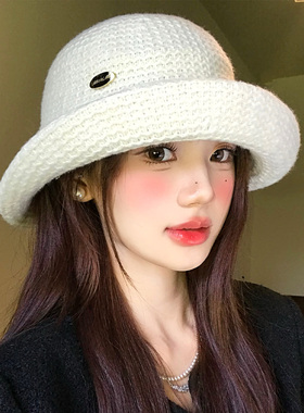白色卷边针织渔夫帽女秋冬季优雅
