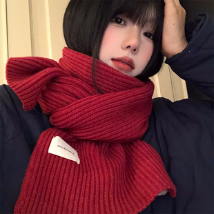 新年红色针织毛线围巾女款2025新款高级感圣诞保暖加厚学生围脖潮