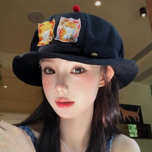 日系可爱猫咪南瓜渔夫帽女款2026新款小众显脸小遮阳女巫帽子盆帽