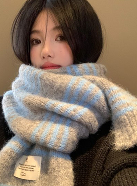 韩系氛围感灰色条纹针织围巾女冬季复古百搭加厚保暖披肩护颈围脖