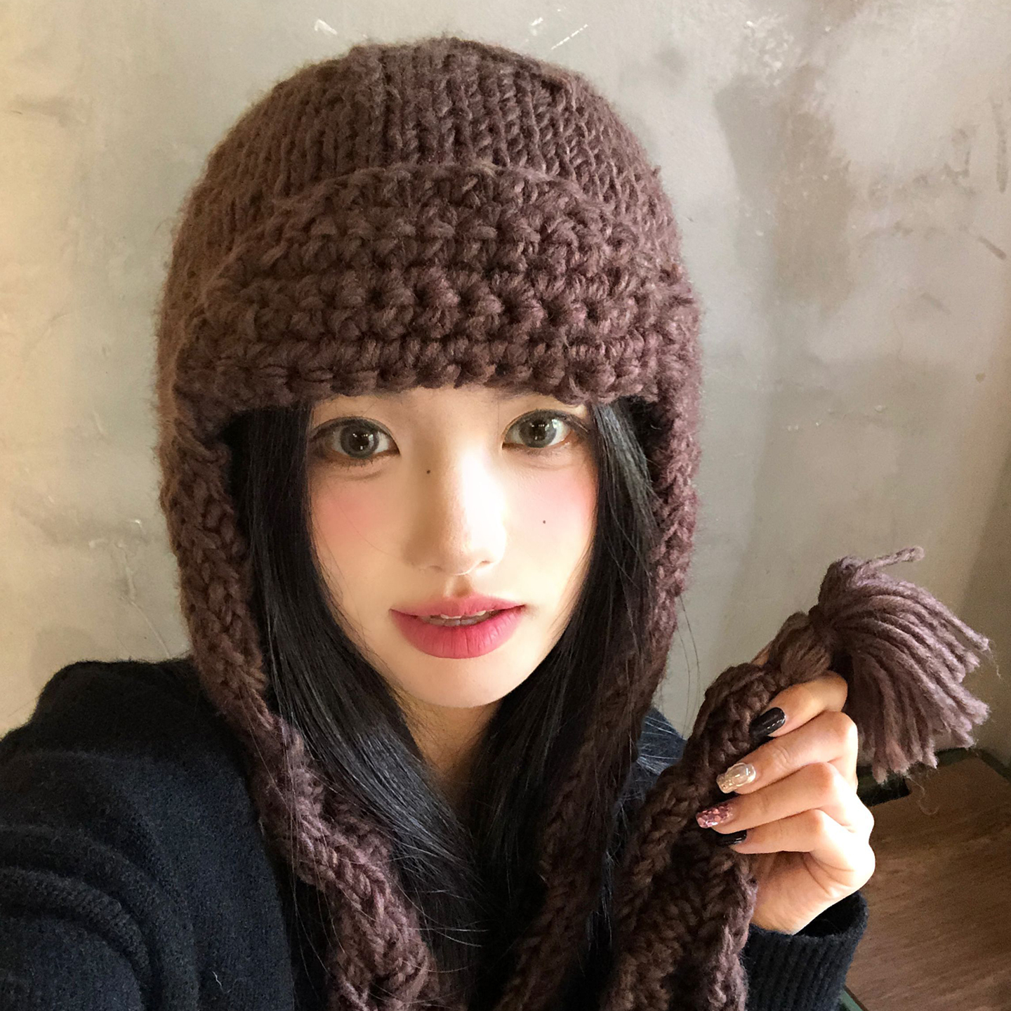 咖色针织护耳帽女秋冬保暖雷锋帽