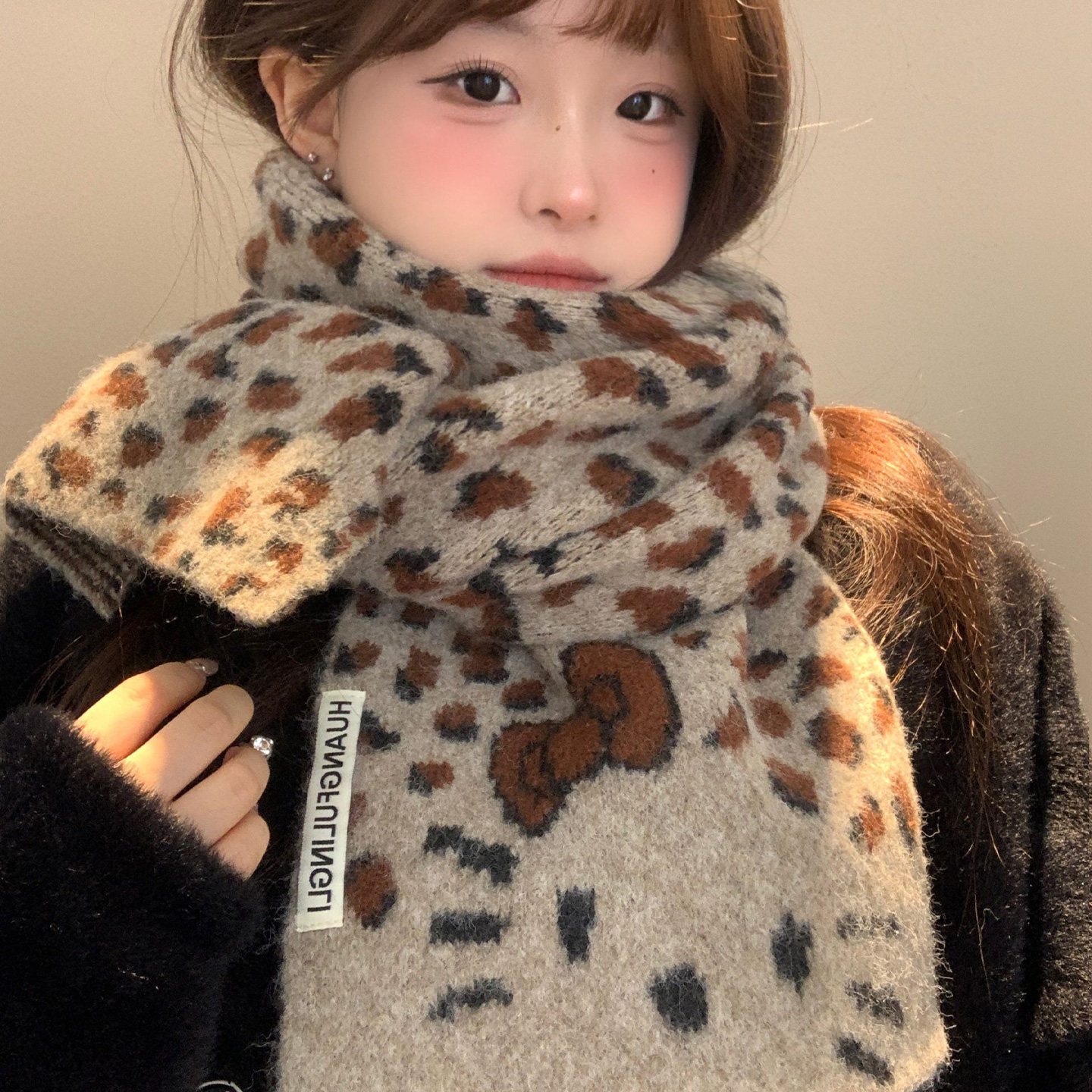 可爱猫咪豹纹蝴蝶结针织围巾女冬