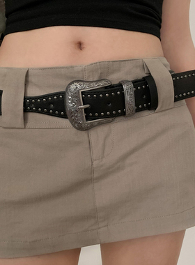 高级感美式复古黑色腰带女辣妹潮流时尚个性配饰裤带朋克铆钉皮带