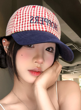 复古红色格子刺绣棒球帽韩系休闲百搭显脸小鸭舌帽子女春夏遮阳帽