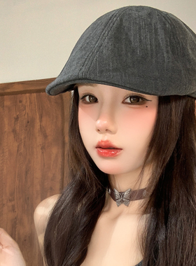 复古亚麻黑灰色前进帽女显脸小日系文艺时尚贝雷帽大头围报童帽子