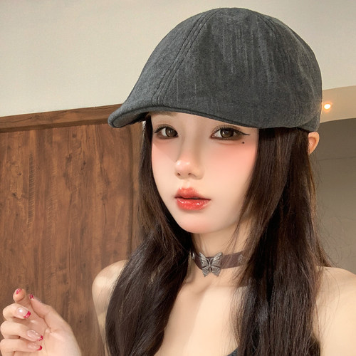 复古亚麻黑灰色前进帽女显脸小
