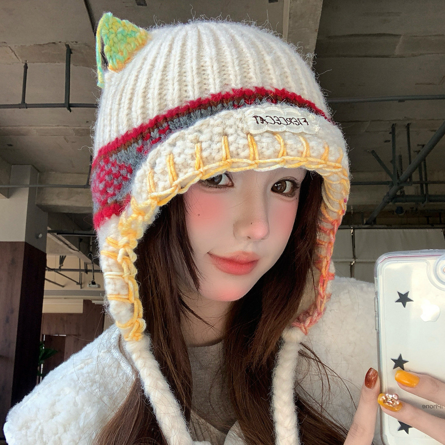 撞色猫耳针织帽女冬季保暖防寒护耳雷锋帽旅游拍照大头围毛线帽子