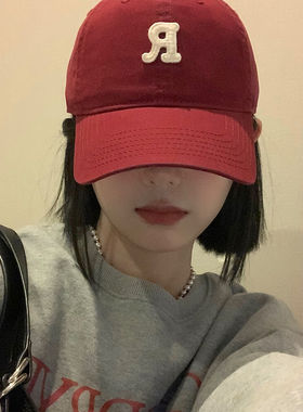 红色棒球帽女帽子2025秋冬新款软顶大头围大帽檐显脸小鸭舌帽男