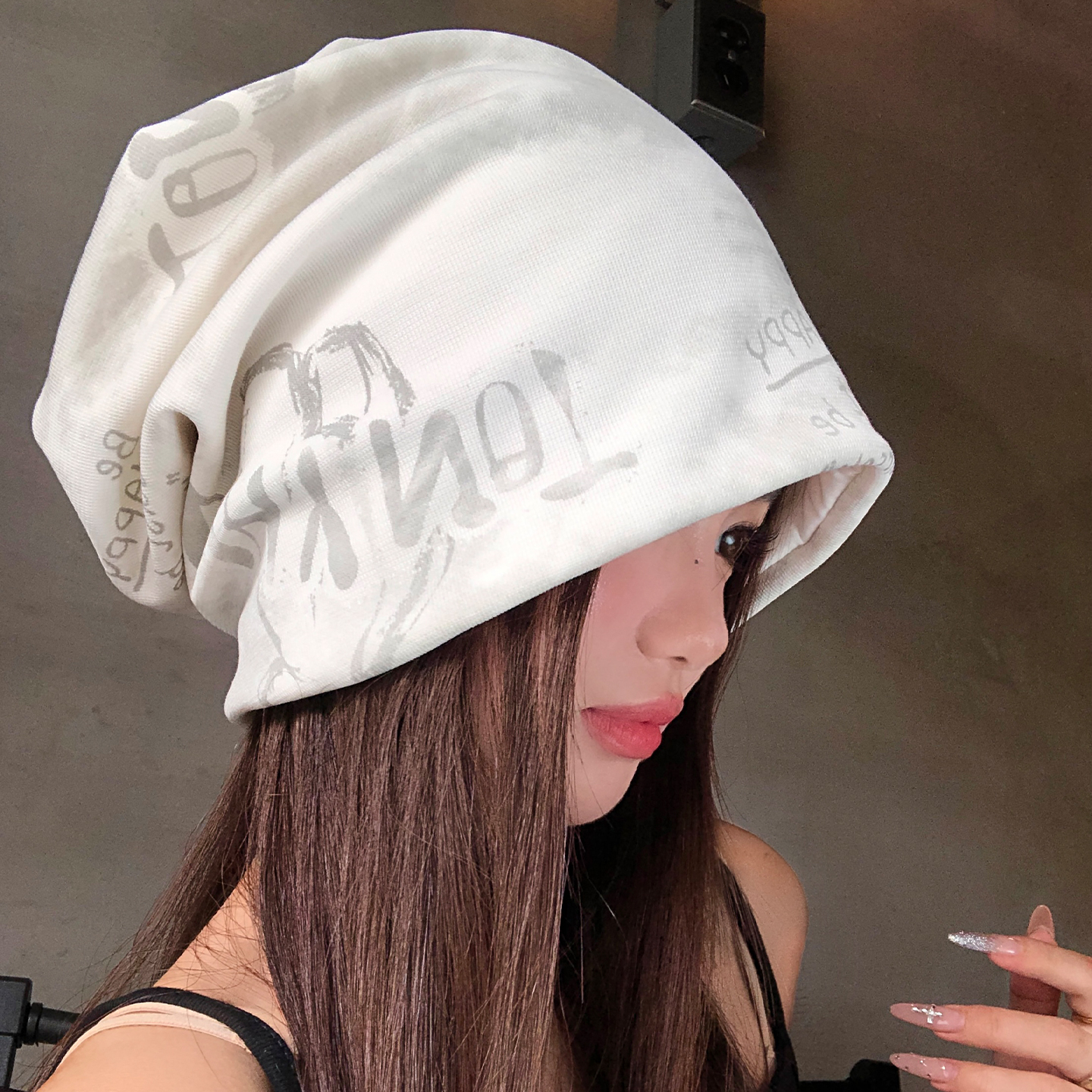 美式字母涂鸦包头帽女韩版时尚百搭冷帽大头围显脸小宽松堆堆帽子