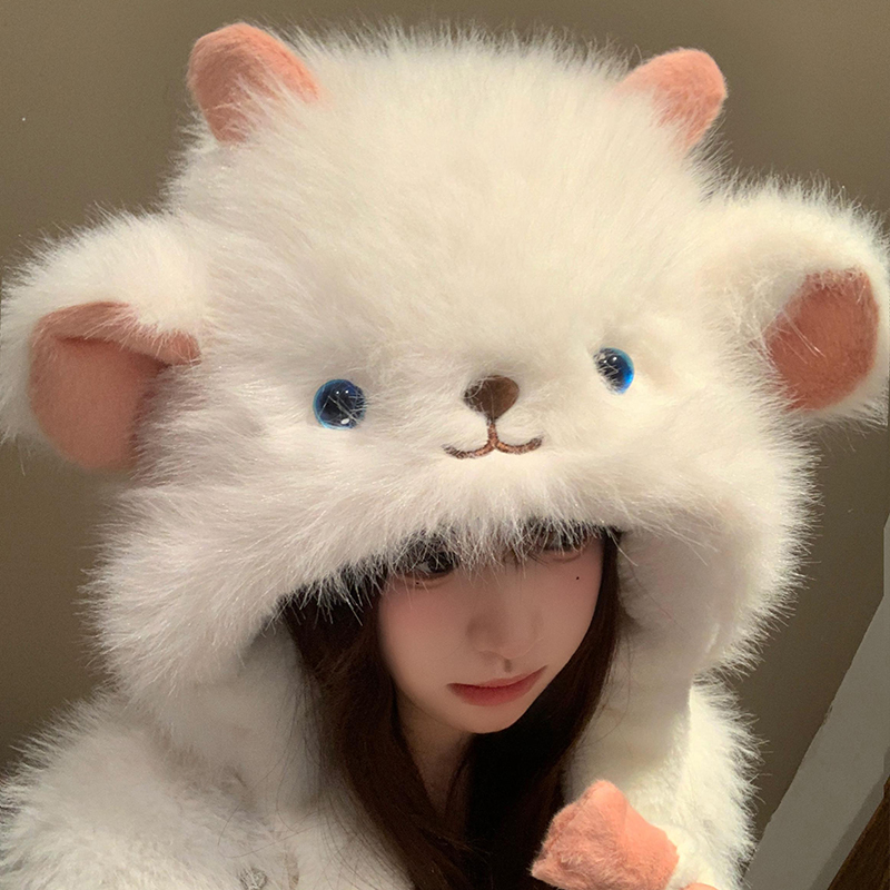 可爱腮红小羊毛绒帽子女冬季新款