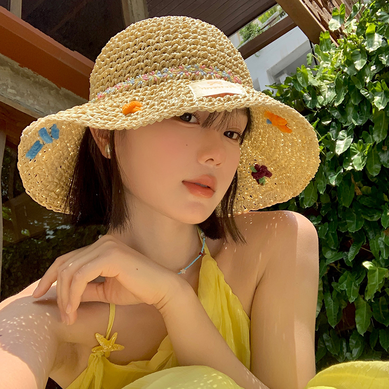 日系可爱蝴蝶结碎花镂空草帽女夏