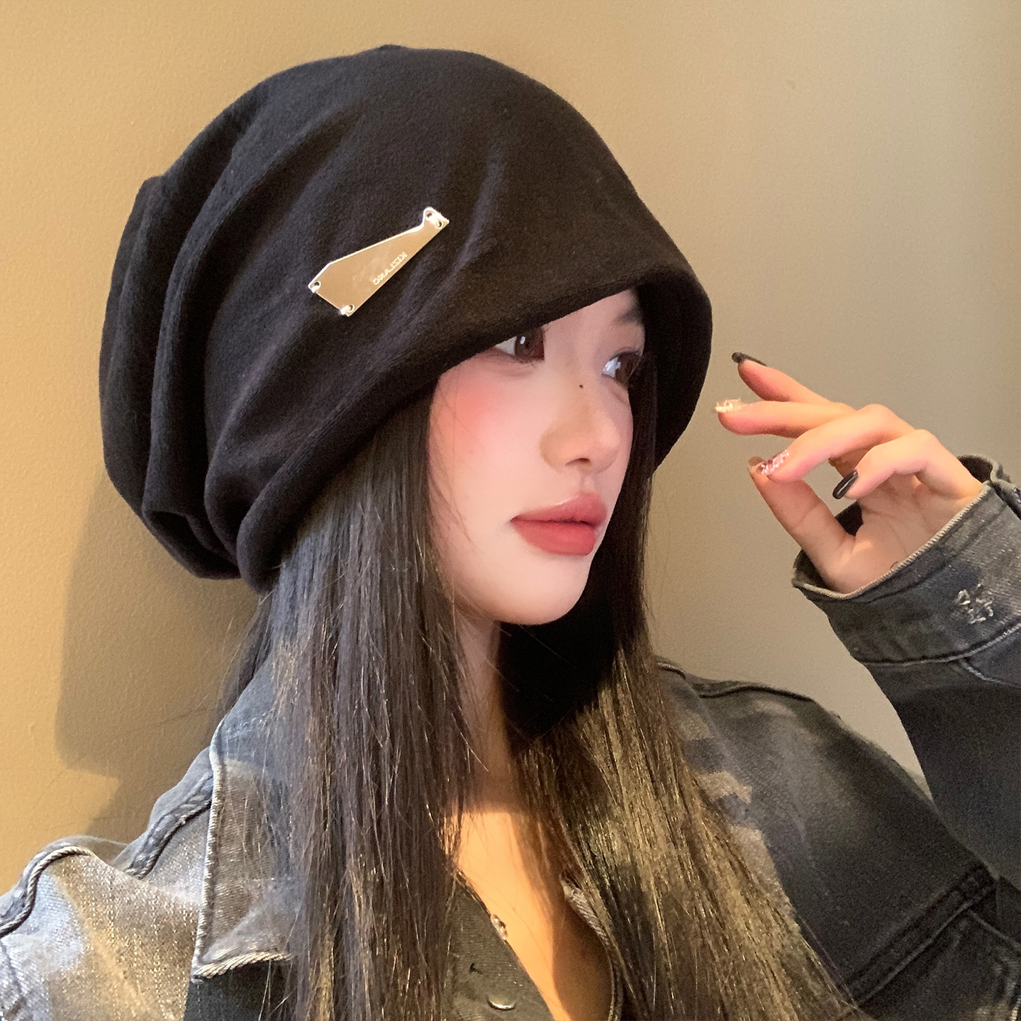 慵懒风黑色护耳堆堆帽女秋冬