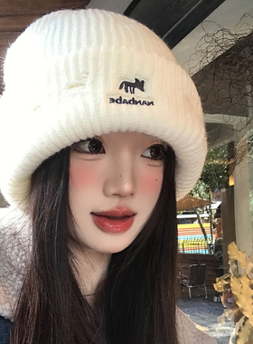 大头围白色狐狸刺绣毛线帽女冬季