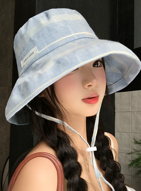 韩系蓝色格纹大帽檐渔夫帽子女夏防晒防紫外线户外遮阳大头围盆帽