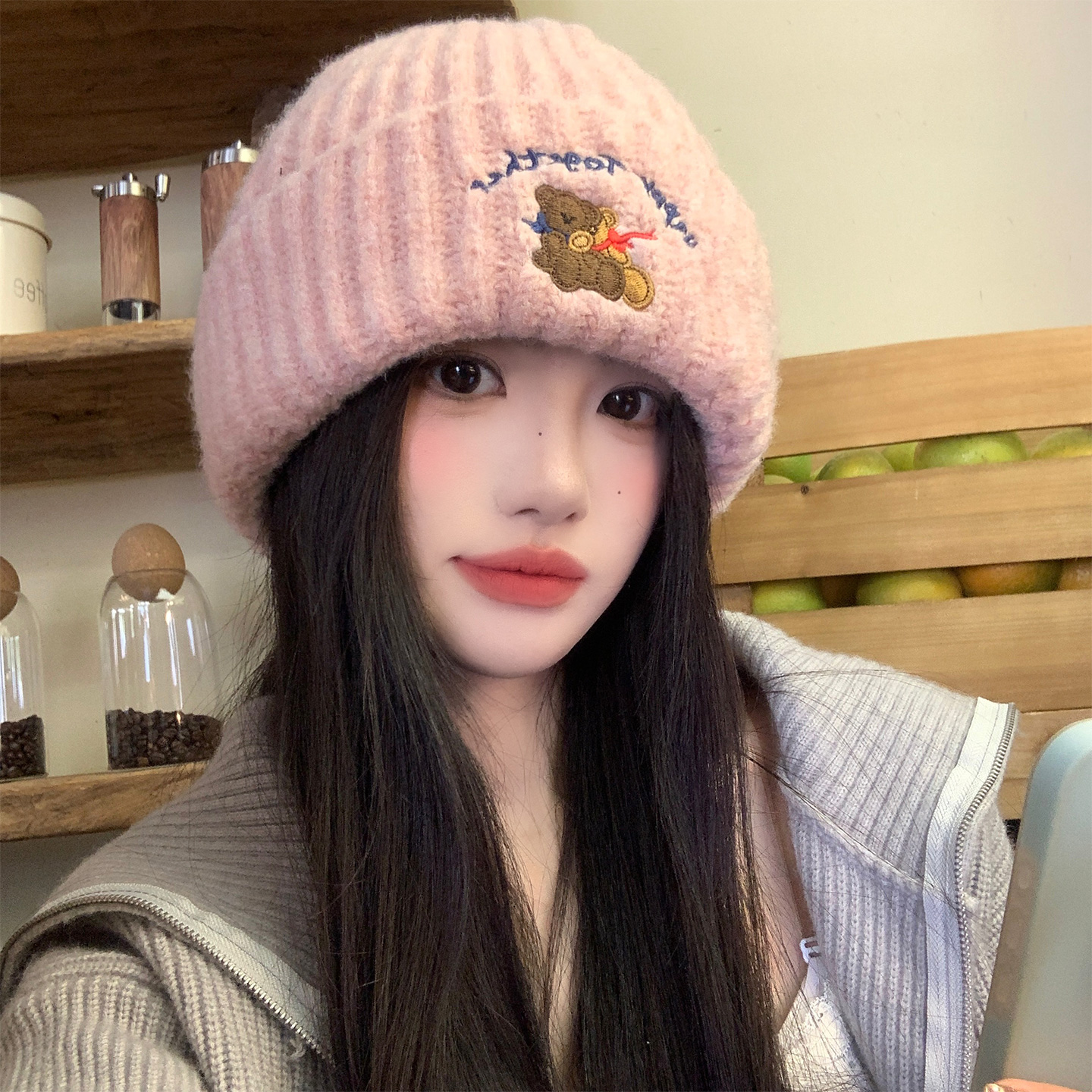 可爱粉色小熊刺绣针织毛线帽女