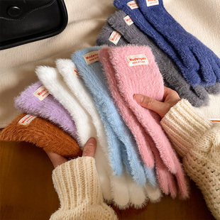 软糯长款 保暖户外骑行防寒针织露指可触屏百搭 加厚毛绒手套女冬季