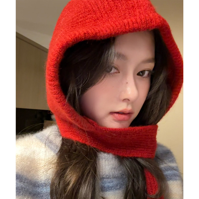 韩版红色巴拉克拉法帽女秋冬季