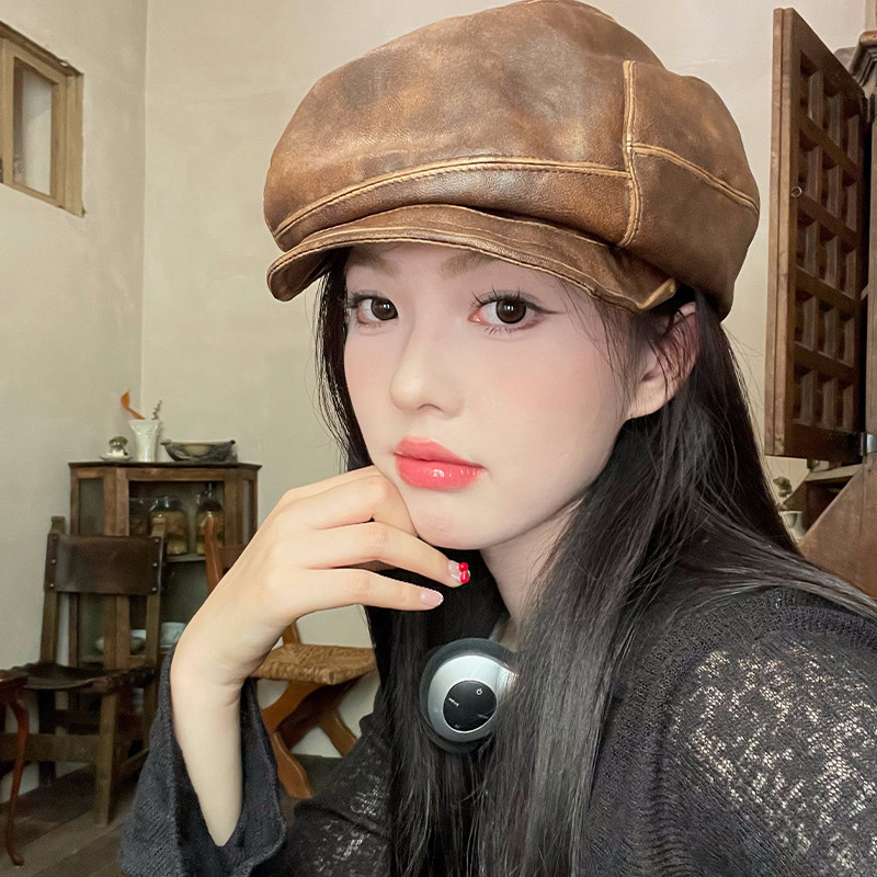 英伦复古褶皱做旧PU皮质贝雷帽女秋冬季街头百搭大头围显脸小帽子