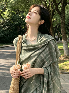复古格纹棉麻围巾披肩女2026秋季