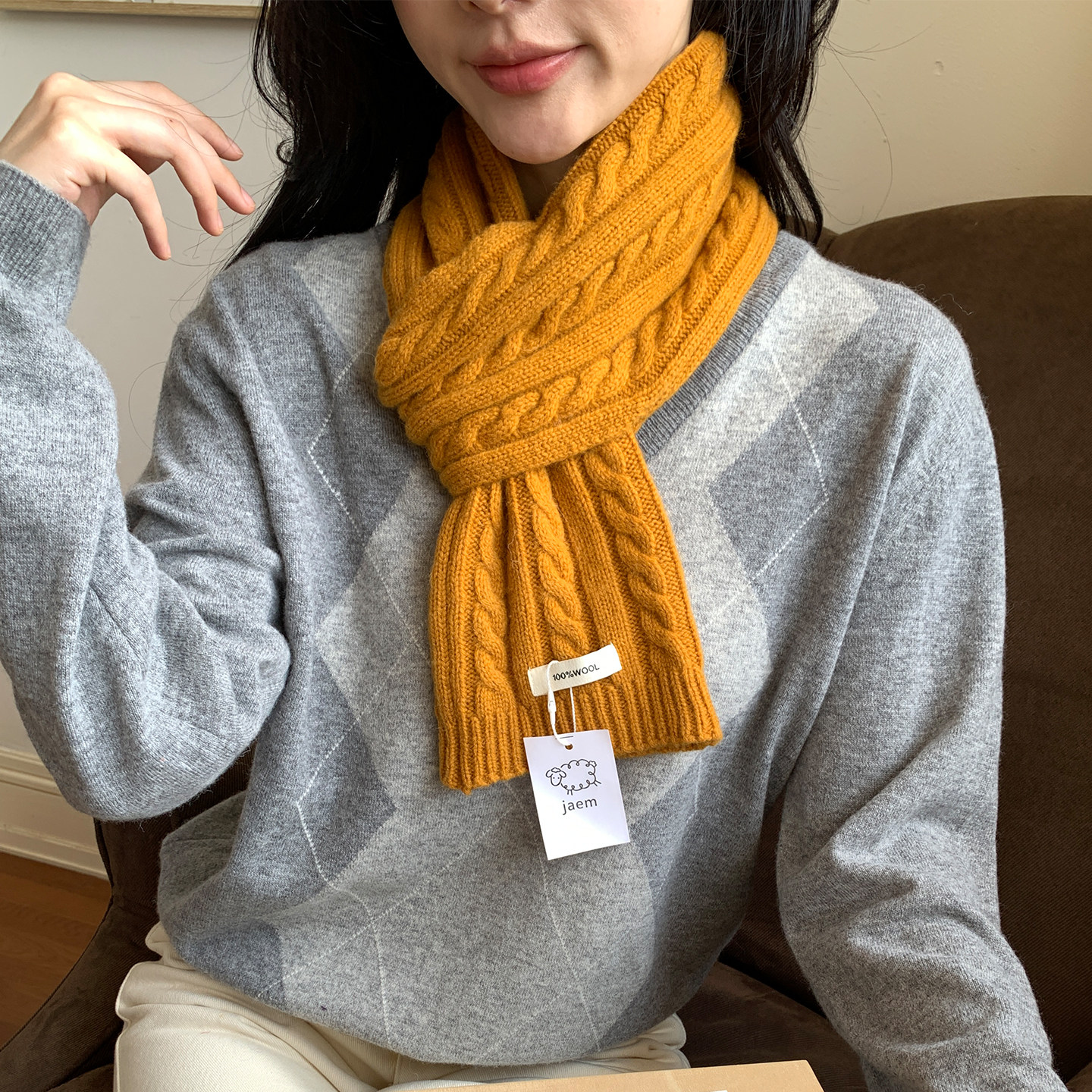 韩版羊毛针织围巾女款2026新款秋冬季保暖护颈复古百搭麻花纹围脖