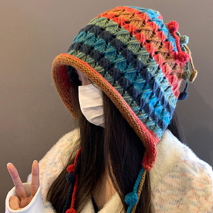 日系彩色流苏大头围针织帽女秋冬季显脸小韩版百搭手工毛线帽子潮