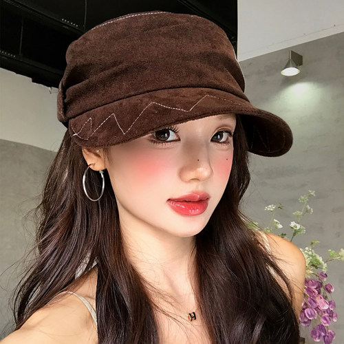 复古褶皱麂皮绒平顶马术帽女早秋