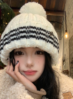 fever同款毛线帽子女秋冬季复古显脸小针织帽子毛球保暖滑雪帽潮