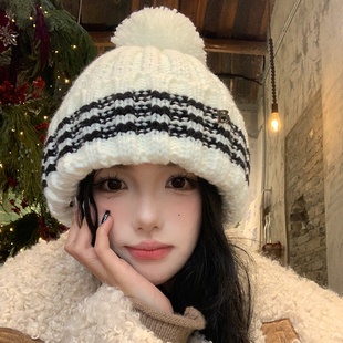 fever同款毛线帽子女秋冬季复古显脸小针织帽子毛球保暖滑雪帽潮